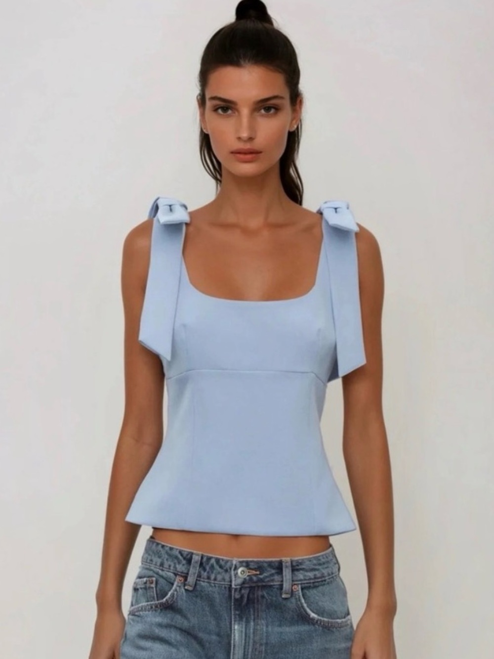 🐳 Zara Sky Blue Bow Shoulder Square Neck Tank Top